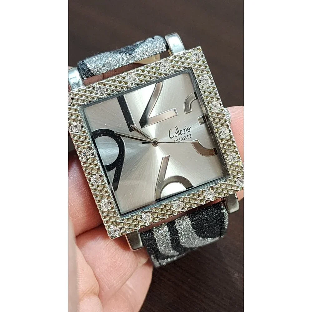 COLLEZIO Quartz Square Rhinestone Watch Zebra Strap Statement Fashion Watch